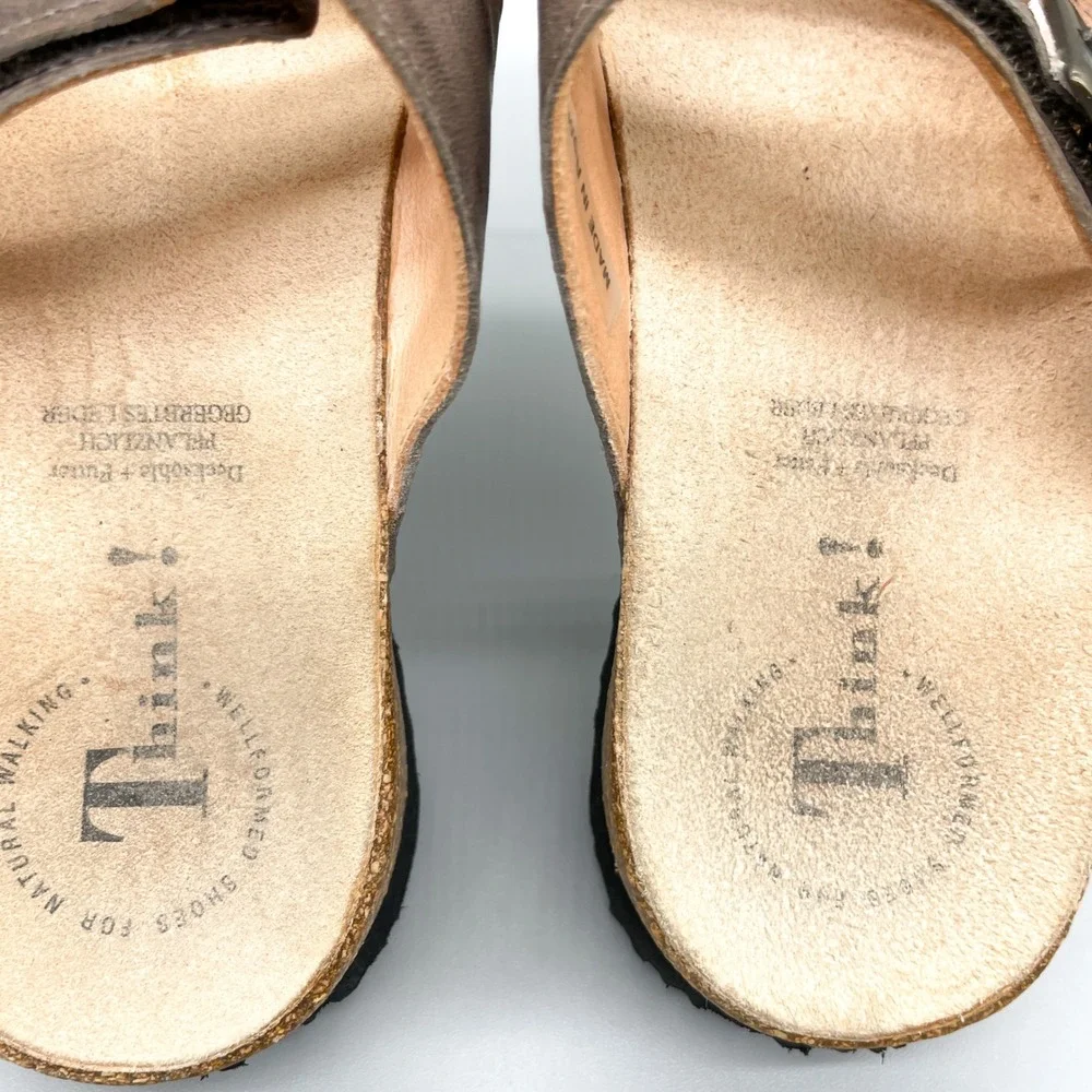 Think! Womens 40 Mizzi Multi Strap Brown Leather Cork Wedge Slide Sandals Buckle